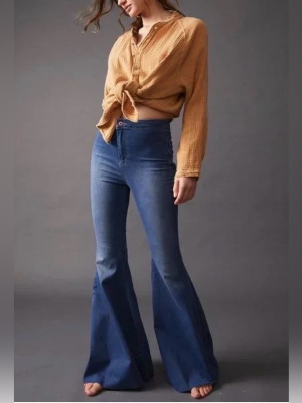 WE THE FREE - FREE PEOPLE Just Float On Mega Flare Dark Blue Jeans Size 25